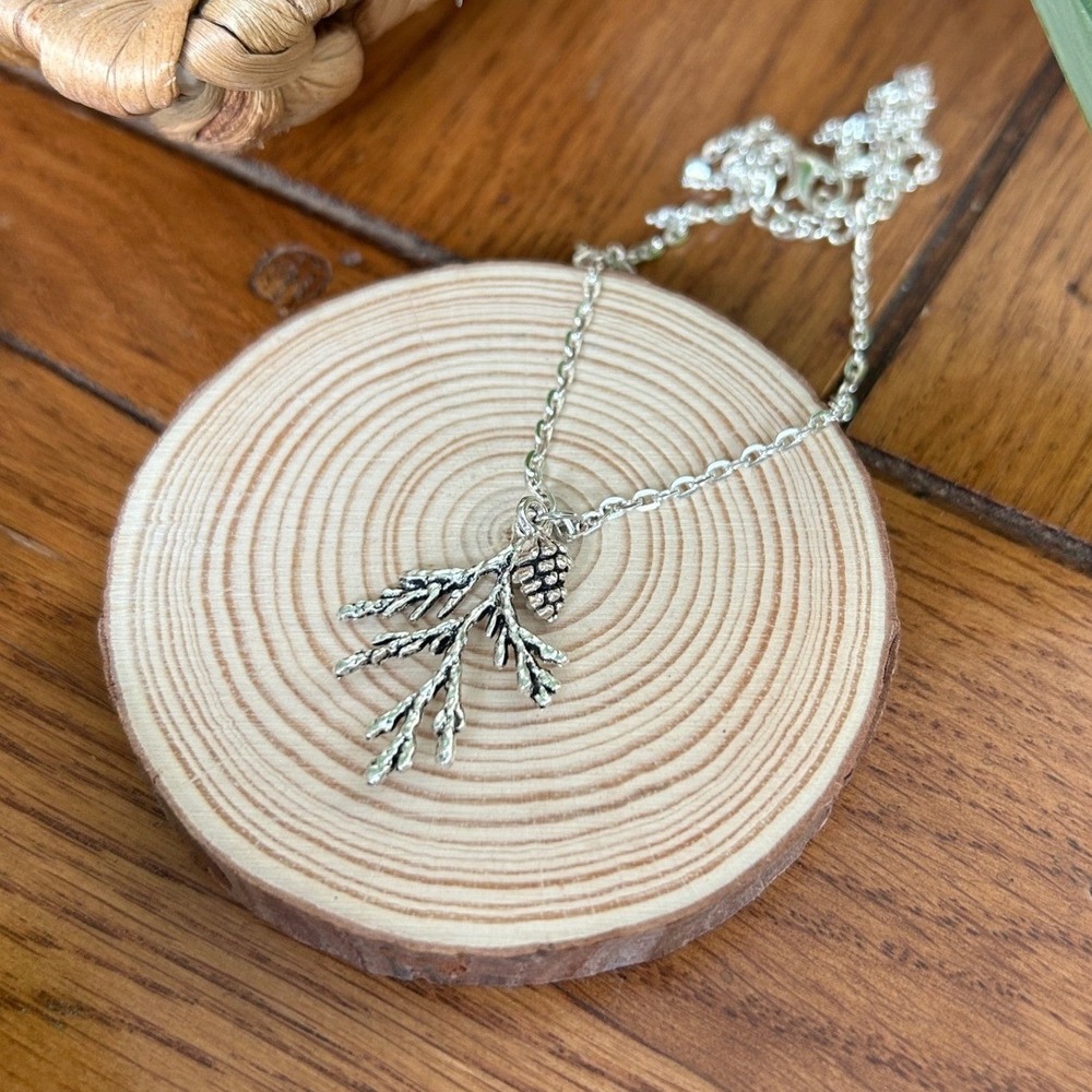 Upcycled‎ Silver Cedar Branch Cone Pendant Necklace Adjustable Chain Jewelry